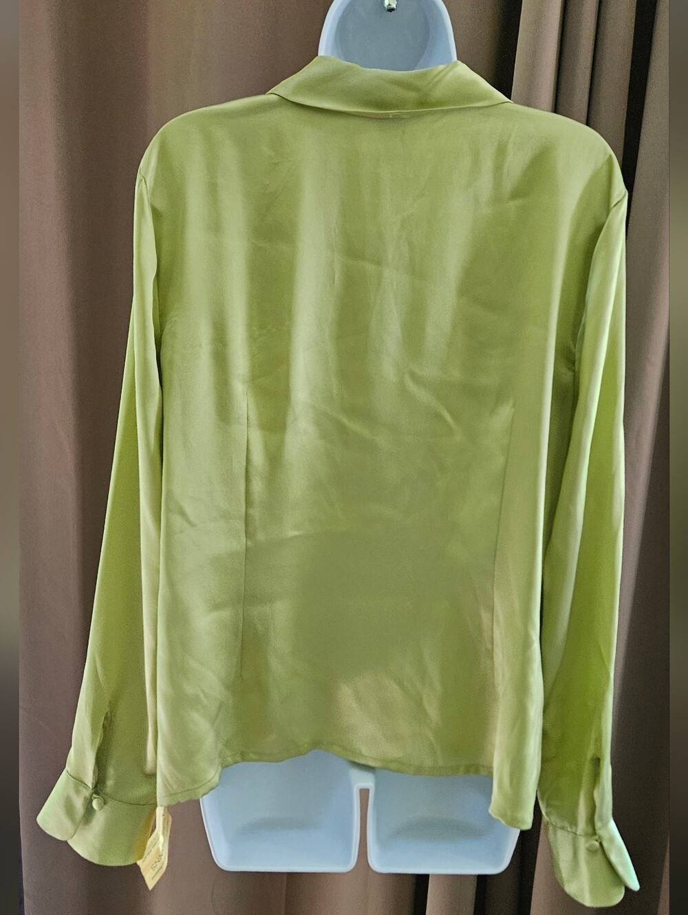 NWT City Silk 100% Silk Tie-Neck Satin Blouse Citrine Green Long Sleeve - Picture 2 of 6
